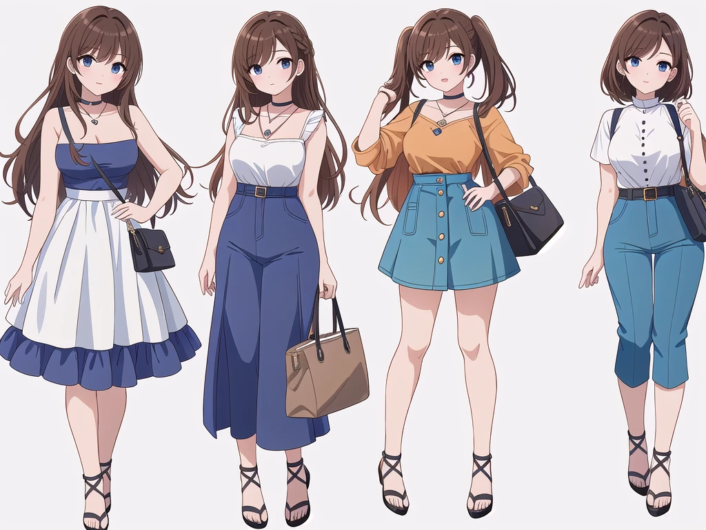 (((Best Quality))) , ((full body)), 4 lady, adult woman, multiple views, (((white background,))) variety of hairstyles, variety of fashion styles, seductive pose, fashionable and trendy atmosphere, holding bag, summer outfits, walk pose, dark blue/dark orange/dark green/dark violet/brown/white, short pants,