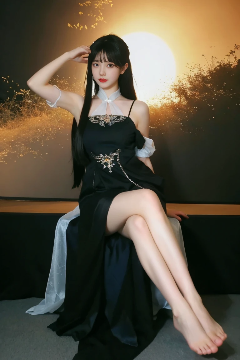 best quality, tmasterpiece,Ultra-high resolution,Clear face,（Reality：1.4），ferpect lighting，(upper body photo), (photorealistic:1.50), anime wallpaper, Guviz style artwork, cover-up fantasy up to magic , by Yang J, Guviz, beautiful artwork illustration, beautiful digital artwork, beautiful digital illustration, Li Song, beautiful anime portrait, art style in Beauvot, black nightgown, see-through, yinziping,1girl, anklet, dress, black hair, sitting, Chinese dress, 
