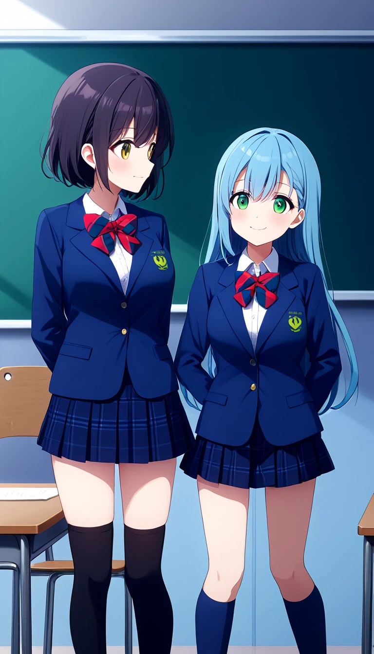 Multiple girls, 2girls,Two anime girls in otonokizaka ,winter uniform, navy blue blazer,red striped bow tie, blue pleated skirt, knee socks, loafers, smile,blush,closed mouth, talking each other,in classroom,from front, BREAK score_9, score_8_up, score_7_up, score_6_up, source_anime 