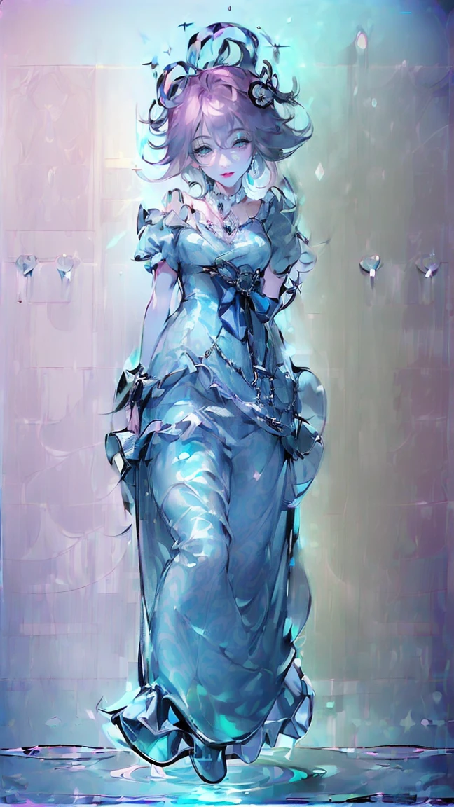 ((full body: 2)),((tachi-e:2.0)), ((character chart:1.5)),((UHD, masterpiece, super detail, best quality, highres, 8k)), (detailed line art), perfect face, Human, ca. 20 yrs, (1 female), (light pink hair:1.0, fluffy hair;1.0, long hair:1.0, half up:1. 5 ), (image of Pisces, sea, water surface), (light blue and light purple eyes:1.0, (( gradient eyes:1.5)), round eyes, droopy eyes, droopy eyebrows), (light blue Lolita dress:1.5drapes and frills with water surface pattern:1. 0, silver or jeweled ornaments or accessories: 1.5), nautical cross-strap pinwheels), smile