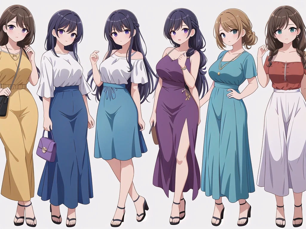 (((Best Quality))) , ((full body)), 4 lady, adult woman, multiple views, (((white background,))) variety of hairstyles, variety of fashion styles, seductive pose, fashionable and trendy atmosphere, holding bag, summer outfits, walk pose, dark blue/dark orange/dark green/dark violet/brown/white,