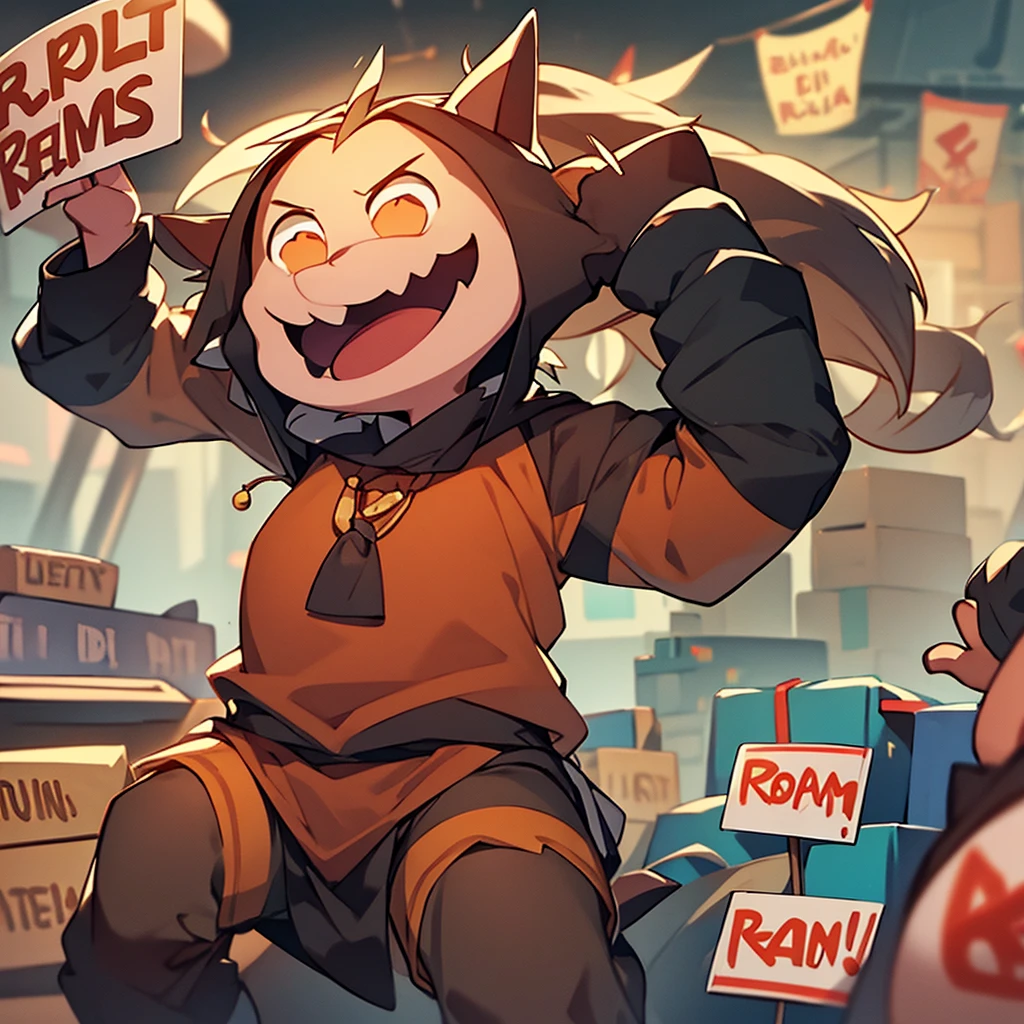Little Grogu with a sign in his hand that says Return Deals. Many small packages in the background.