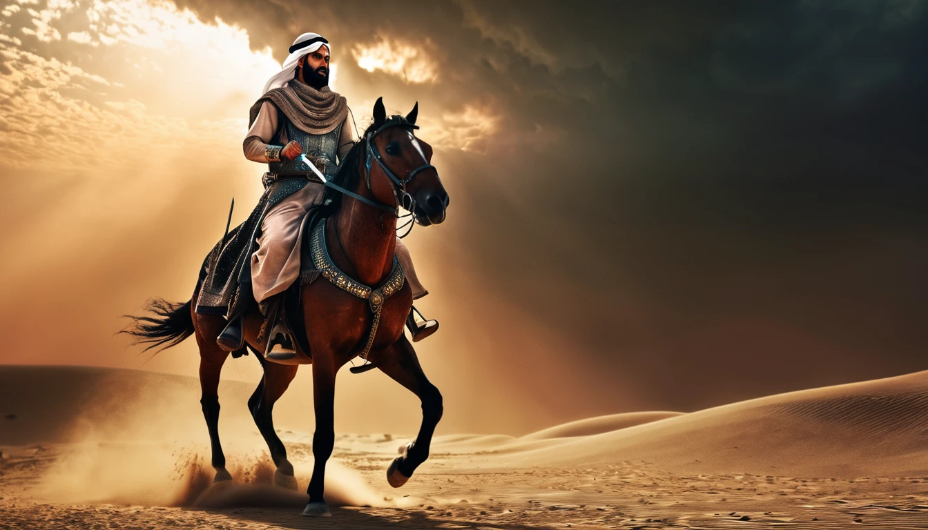 a highly detailed 3D render of an Arabian warrior, riding on a horse, holding an Islamic "alam" in his left hand and a sword in his right hand, set in the barren land of Karbala, dramatic lighting, cinematic composition, hyper-realistic, masterpiece, 8k, HDR, intricate details, strong chiaroscuro, warm color palette, volumetric light, dramatic clouds, sand storm, moody atmosphere