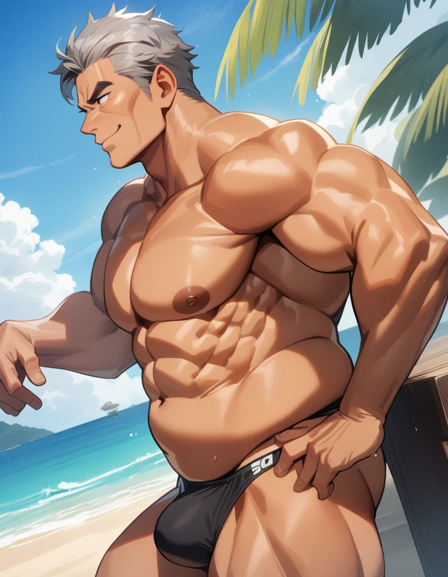 1man, mature teacher, physical education teacher, 40yo, gray hair, tanned skin, brown eyes, forehead, crewcut, handsome, masculine, pentagon face, stocky waist, slighty chubby, muscular plump, heavy weight japanese, aggressive, pheromonal, male high ratio body proportions, BREAK black swim bikini, topless, off shot, male nipples, abs, thigh, small bulge, fullbody, solo, looking side, soft smile, sexy posing, seaside, from side, detailed back ground, romance, dramatic expression, dutch angle, 1980s, in isekai style, extreme all detailed, masterpiece, best quality