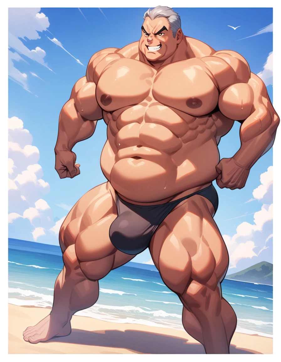 1man, mature teacher, physical education teacher, 40yo, gray hair, tanned skin, brown eyes, forehead, crewcut, handsome, masculine, pentagon face, stocky waist, slighty chubby, muscular plump, heavy weight japanese, aggressive, pheromonal, male high ratio body proportions, BREAK black swim bikini, topless, off shot, male nipples, abs, thigh, small bulge, fullbody, solo, looking side, soft smile, sexy posing, seaside, from side, detailed back ground, romance, dramatic expression, dutch angle, 1980s, in isekai style, extreme all detailed, masterpiece, best quality