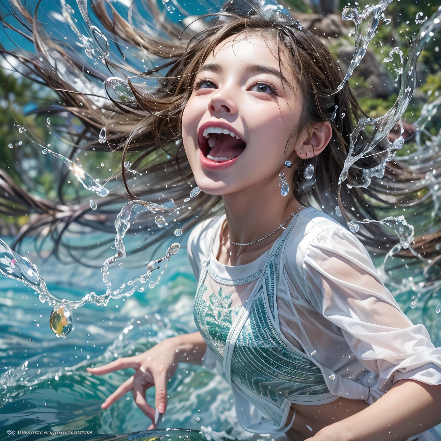 (8K TopQuality masterpiece: 1.2)(Realistic ProfessionalPhoto:1.37), VolumetricLighting. Tiny Girls, girl jumping into the water、Falling、splash water、shout、Luminous water surface、White and Bright colors, back lighting, Radiant PearlSkin, sparkling highlights, Detailed KAWAII face with cute lips, long eyelashes, Delicate clothes, Detailed open crotch, MotionBlur, Dynamic Joyful Expressions LifeLike Rendering