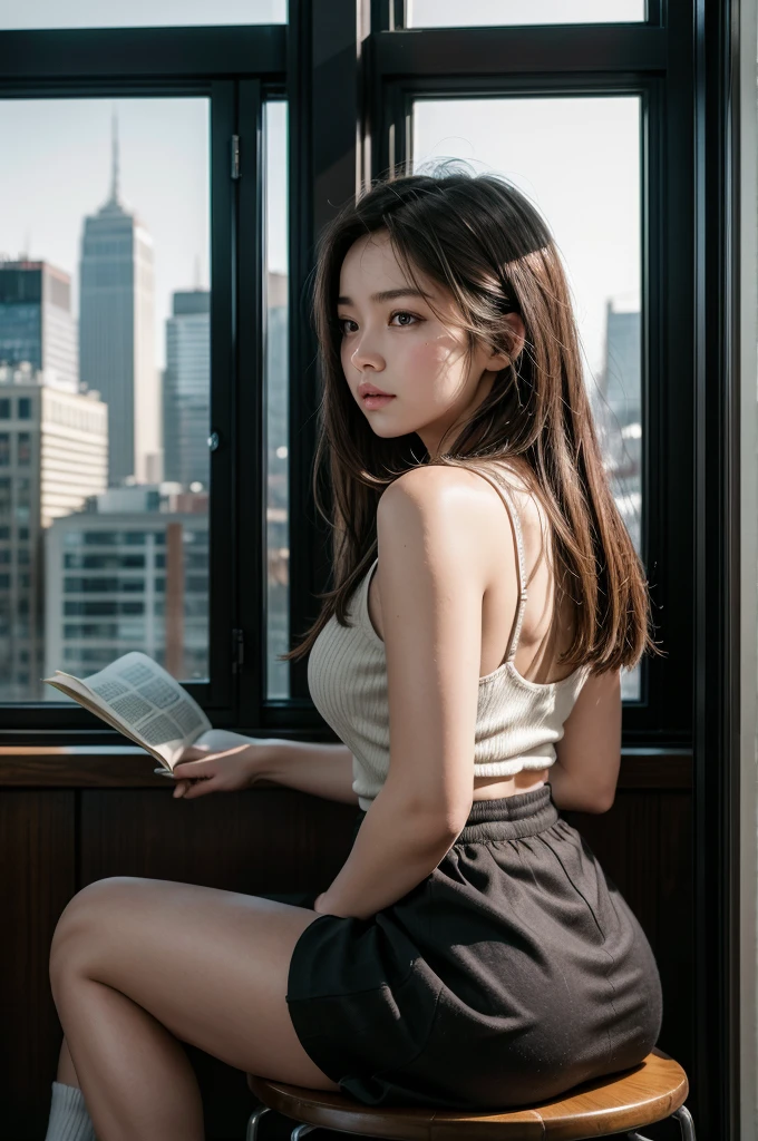 A young woman sits alone in a cozy indoor space, surrounded by the bustle of the city outside. Her long brown hair cascades down her back as she holds an open book in front of closed eyes, taking a moment to absorb its words. She wears a black skirt and tank top, with white socks peeking out from under her knees-up pose. The window behind her frames the cityscape, with towering buildings and bustling streets. The warm lighting and intimate setting evoke a sense of peaceful solitude as she gets lost in her reading.,Extremely Realistic,dark theme,Expressiveh