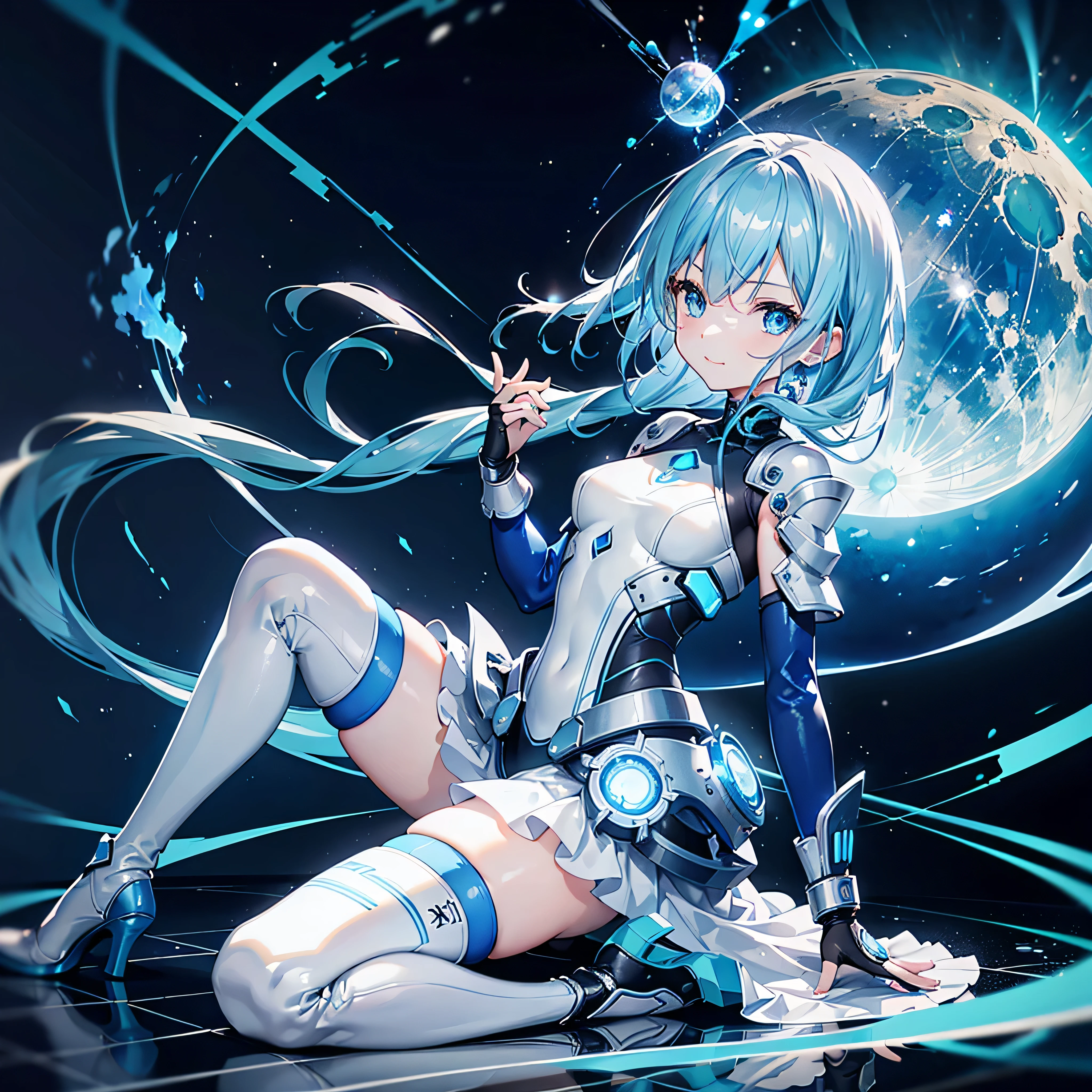 8K, Highest quality, (real:1.4), Original photo, 1 girl, Asari Hair, Biological Amplifier, Very sleek and futuristic armor, posture: Peace talks between warring factions,,attention arousal, smart blue eyes,A modest smile,Knee-high boots,Patent-look blue tights,Blue big moon and blue light swirl in the background,Blue light from behind,blue light magic,A small, glowing blue ball in the palm of your hand,Blue flame swirl,Blue Comet,Polished floor,