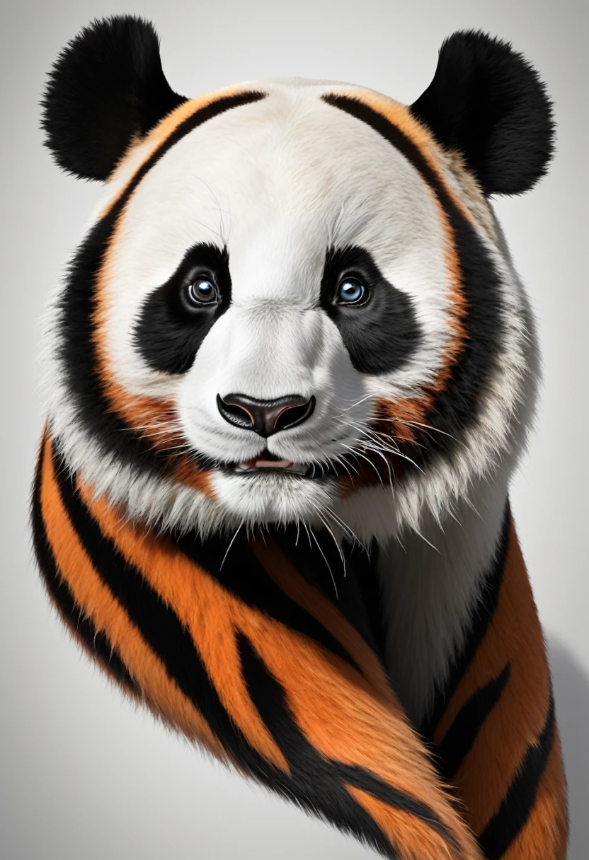 Create a highly realistic image of a panda with the pattern of a tiger. The panda should maintain its typical black and white shape and features, but its fur should have the realistic orange and black stripes of a tiger. Ensure the lighting, shadows, and fur texture make the panda look like it could exist in the real world.