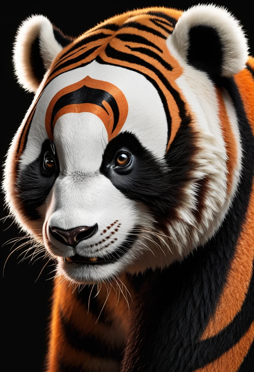 Create a highly realistic image of a panda with the pattern of a tiger. The panda should maintain its typical black and white shape and features, but its fur should have the realistic orange and black stripes of a tiger. Ensure the lighting, shadows, and fur texture make the panda look like it could exist in the real world.