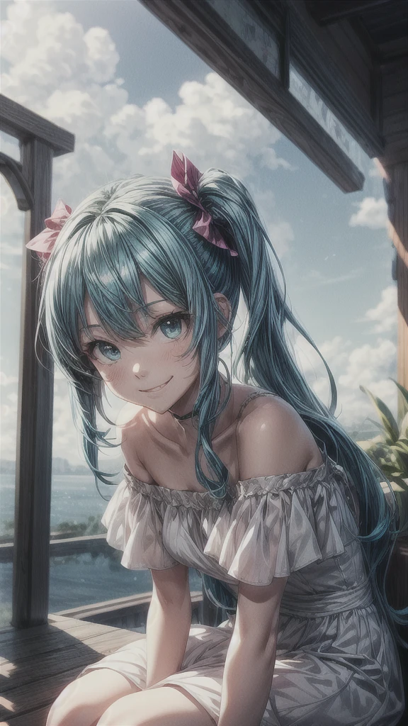 A Makoto Shinkai-esque setting with a mysterious natural backdrop。
While sitting。
Wearing a white dress。
Off-the-shoulder dress。
Smiling and looking upwards。
Hatsune Miku from the front。
The hair is long and straight
