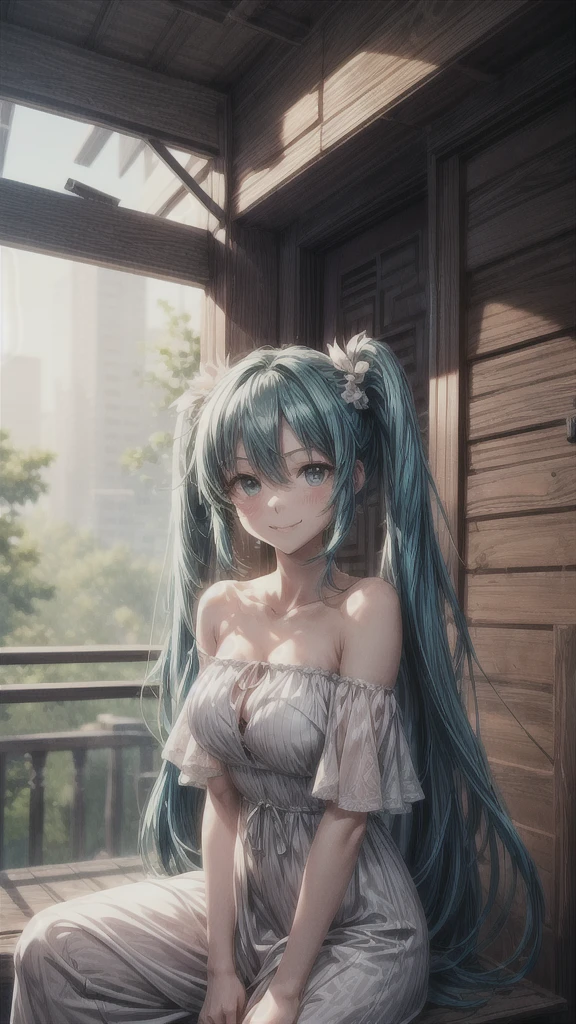 A Makoto Shinkai-esque setting with a mysterious natural backdrop。
While sitting。
Wearing a white dress。
Off-the-shoulder dress。
Smiling and looking upwards。
Hatsune Miku from the front。
The hair is long and straight