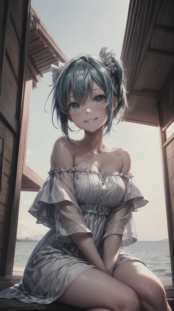 A Makoto Shinkai-esque setting with a mysterious natural backdrop。
While sitting。
Wearing a white dress。
Off-the-shoulder dress。
Smiling and looking upwards。
Hatsune Miku from the front。