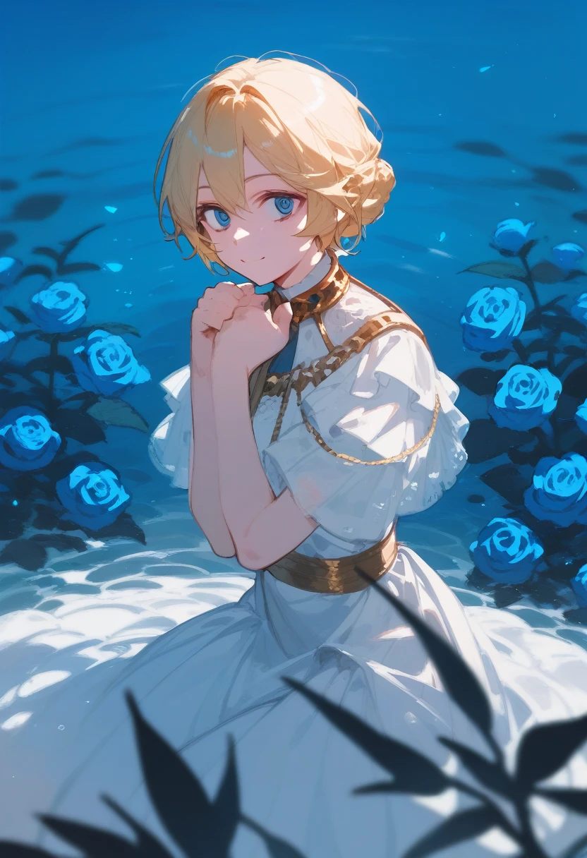 Princess, blonde hair, royal features, narrow eyes, slight smile, white dress, in the middle of a sea of blue roses, sitting, her hands covered in blue roses, lowering her arms.