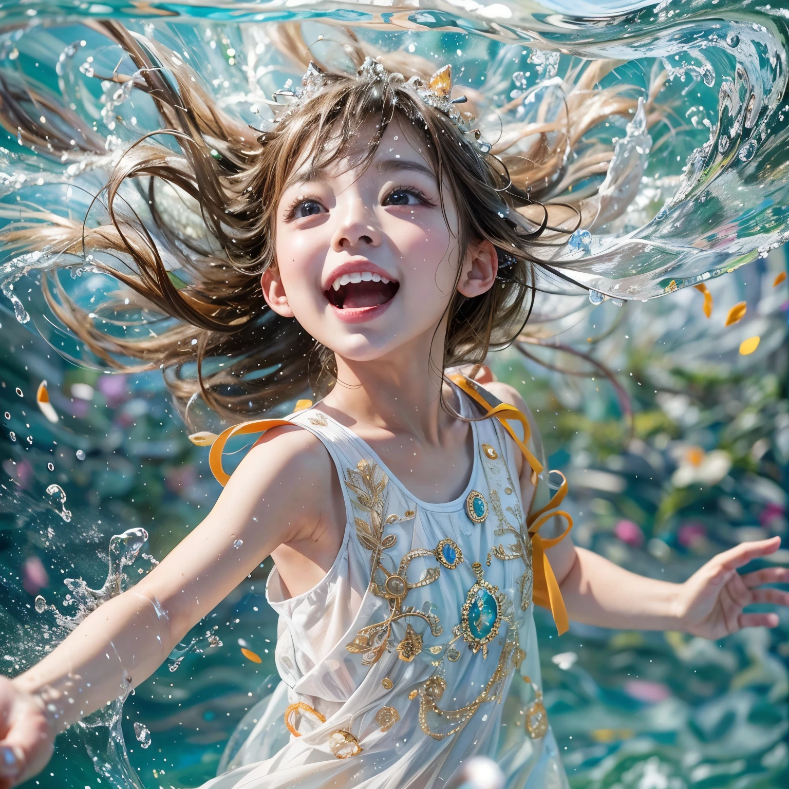 (8K TopQuality masterpiece: 1.2)(Realistic ProfessionalPhoto:1.37), VolumetricLighting. Tiny Girls, girl jumping into the water、Falling、splash water、shout、Luminous water surface、White and Bright colors, back lighting, Radiant PearlSkin, sparkling highlights, Detailed KAWAII face with cute lips, long eyelashes, Delicate clothes, Detailed open crotch, MotionBlur, Dynamic Joyful Expressions LifeLike Rendering