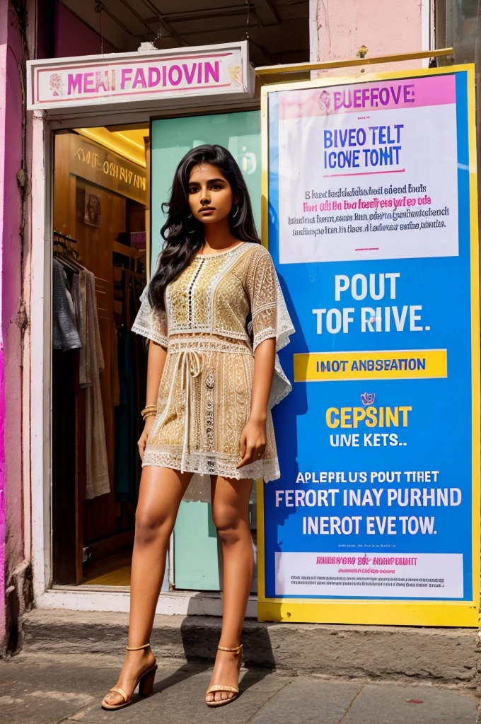 An indian girl standing infront of " Cover-Up fashion boutique " displaying placard mentioning that " Best in town"