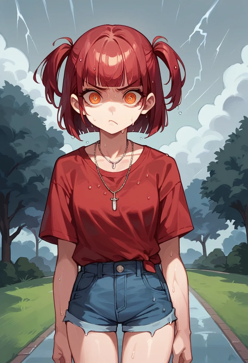 score_9, score_8_up, score_7_up,expressive eyes,1 girl, bob cut,blunt bangs,white and red hair,orange eye, swirly eyes,necklace,two side up,red shirt, loose shirt, denim shorts,in park, closed mouth, :t, pout, mad ,thunderstorm,wet