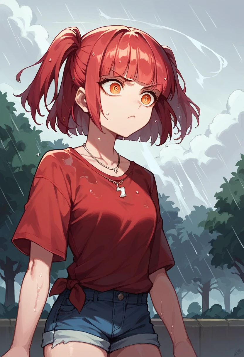 score_9, score_8_up, score_7_up,expressive eyes,1 girl, bob cut,blunt bangs,white and red hair,orange eye, swirly eyes,necklace,two side up,red shirt, loose shirt, denim shorts,in park, closed mouth, :t, pout, mad ,thunderstorm,wet