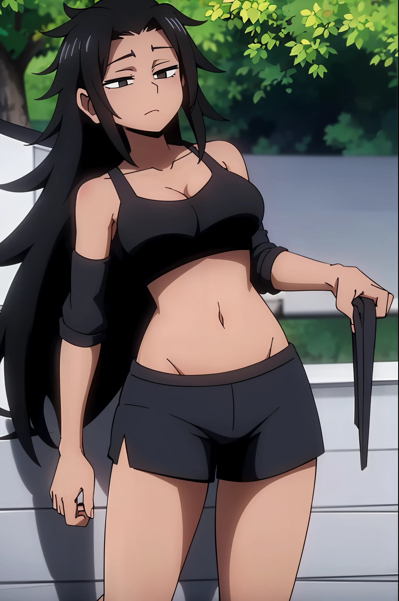long messy hair, black hair (masterpiece), best quality perfect face beautiful girl, feminine, defined curves, cinematic, aesthetic, shadows, gorgeous, amazing, 1girl, dark skin, best quality, expressive eyes, (black eyes:1.3) ringed eyes, crop top, midriff, white hoodie, thick sleeves, black short shorts, in bedroom
