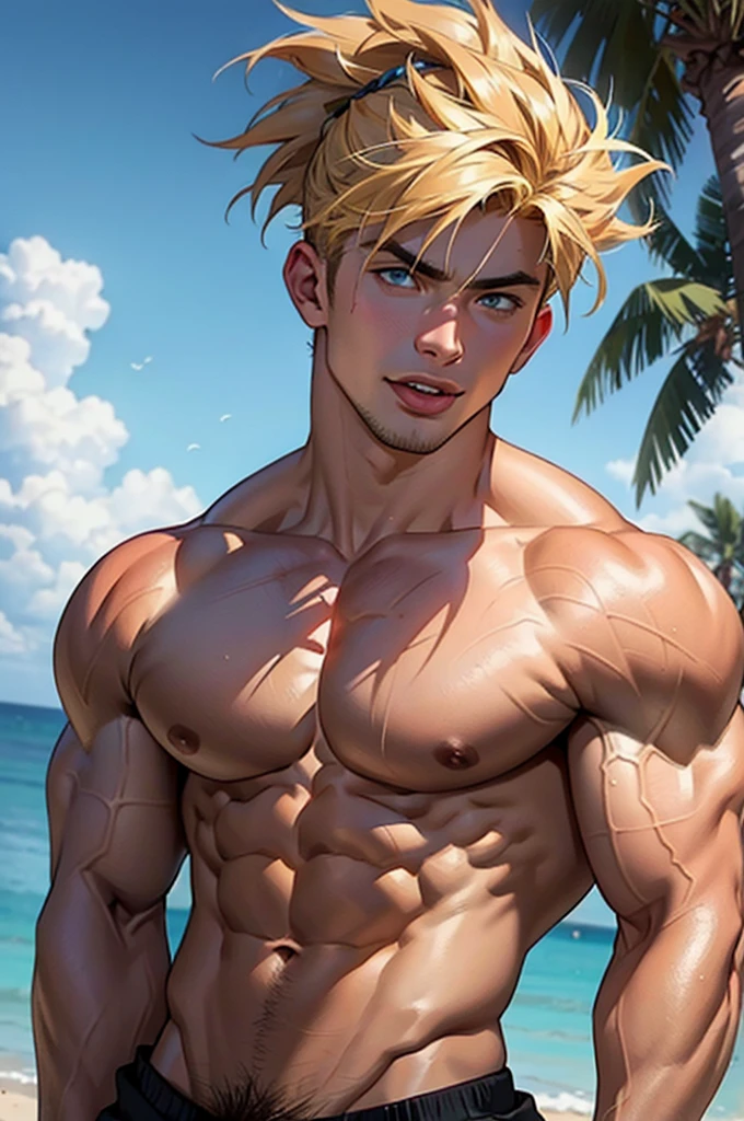 a muscular young man, shirtless, posing confidently, detailed facial features, blond messy hair, prominent genitals visible,thick penis, tongue slightly out, instagram-style photo shoot, caucasian ethnicity, 18 years old, chiseled abs, veiny muscular arms, detailed pubic hair, high quality, photorealistic, cinematic lighting, dramatic shadows, vibrant colors
