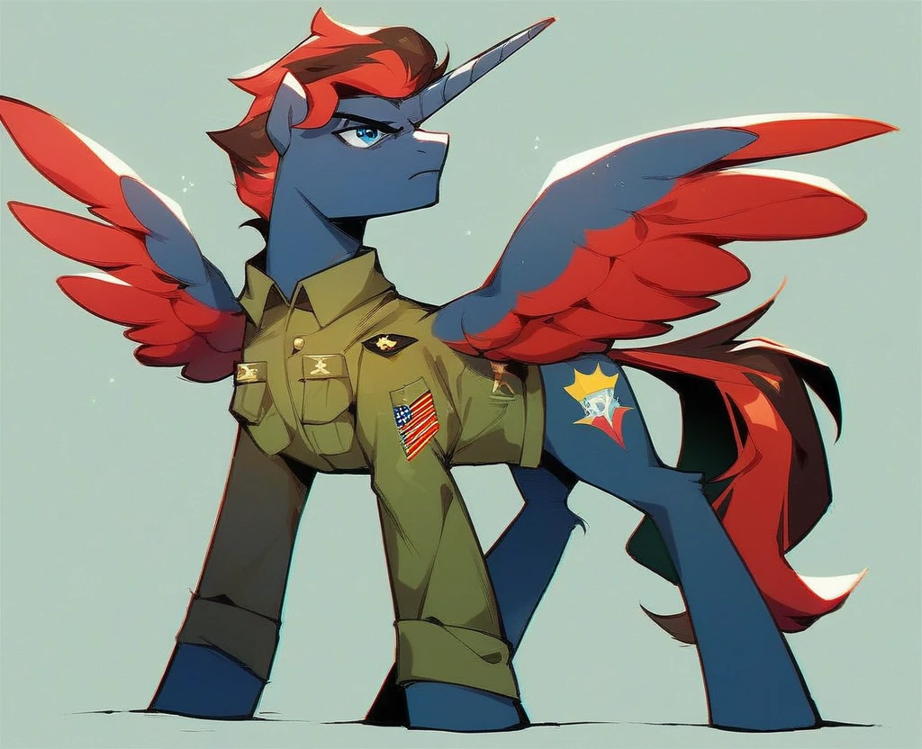 Two subjects; Male alicorn pony with black fur and red hair and blue eyes and red feathers on wings, male pegasus pony with yellow fur and black hair and blue eyes, legs around each other, wartime photo, vietnam-era army uniforms, frowns, wide-angle shot