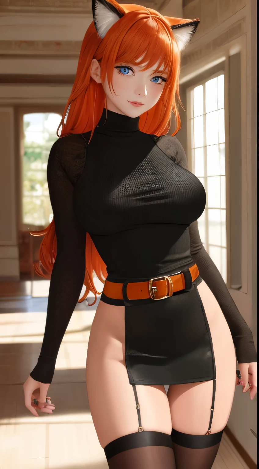 milf, masterpiece, Best quality, ultra detailed, beautiful lighting, 1 girl, orange hair, cat ear, green eyes, freckles, turtleneck top, Looking at the viewer, detailed black stockings with belt, Juicy ass