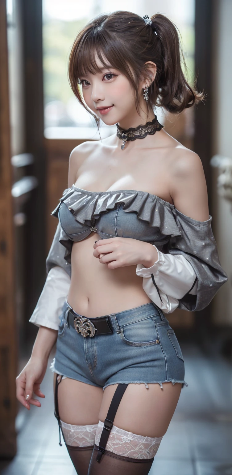 Girl posing for photo with white bra and tight denim, with cropped t-shirt, bra and streetwear, slim figure, smaller bust, slim girl model, 24 year old female model,