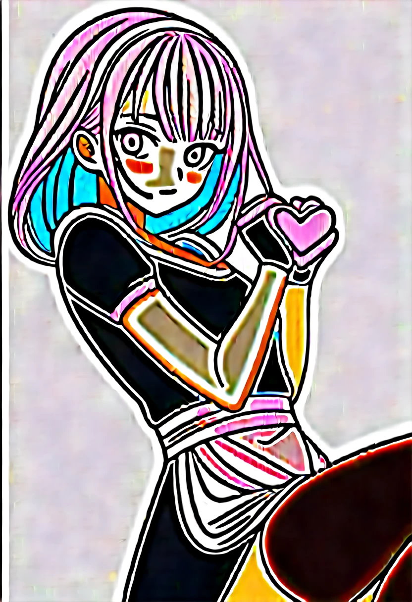 raiden shogun, 1girl, solo, long hair, looking at viewer, blush, bangs, simple background, thighhighs, white background, dress, ribbon, closed mouth, purple eyes, purple hair, braid, short sleeves, heart, frills, alternate costume, black thighhighs, apron, zettai ryouiki, maid, maid headdress, mole under eye, single braid, white apron, maid apron, braided ponytail, enmaided, heart hands