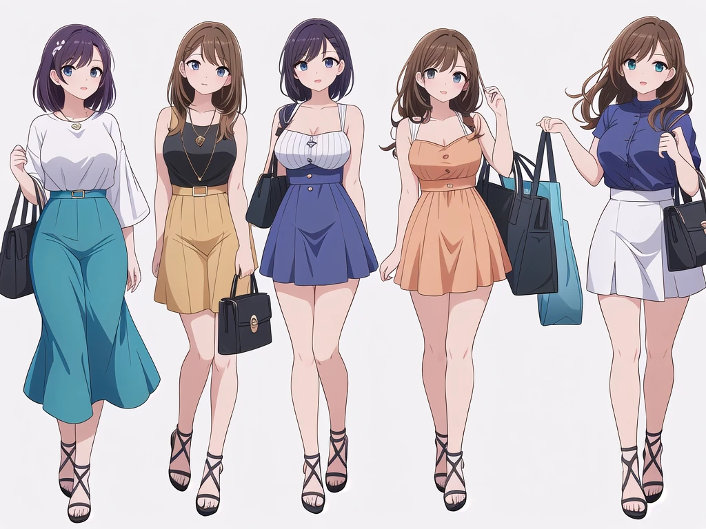(((Best Quality))) , ((full body)), 4 lady, adult woman, multiple views, (((white background,))) variety of hairstyles, variety of fashion styles, seductive pose, fashionable and trendy atmosphere, holding bag, summer outfits, walk pose, dark blue/dark orange/dark green/dark violet/brown/white, 