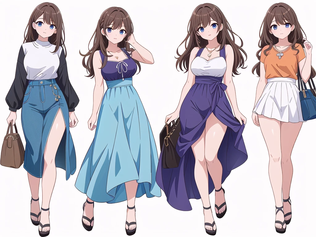 (((Best Quality))) , ((full body)), 4 lady, adult woman, multiple views, (((white background,))) variety of hairstyles, variety of fashion styles, seductive pose, fashionable and trendy atmosphere, holding bag, summer outfits, walk pose, dark blue/dark orange/dark green/dark violet/brown/white,