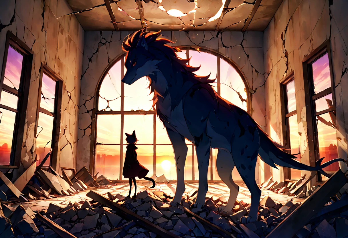 highres, top quality, best quality, paid reward available, High-quality illustrations, unparalleled masterpiece, perfect artwork, absurdres, animal creature standing in the center of a dimly lit room, Rubble, decayed room, Sunset through the window, lens flare, dynamic lighting, cinematic shadow, dutch angle,