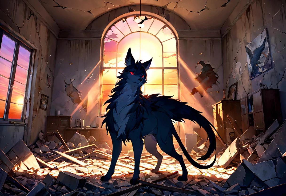 highres, top quality, best quality, paid reward available, High-quality illustrations, unparalleled masterpiece, perfect artwork, absurdres, animal creature standing in the center of a dimly lit room, Rubble, decayed room, Sunset through the window, lens flare, dynamic lighting, cinematic shadow, dutch angle,