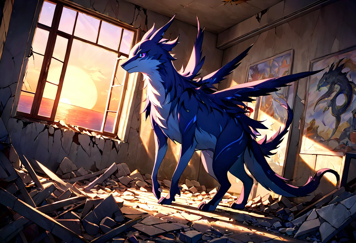 highres, top quality, best quality, paid reward available, High-quality illustrations, unparalleled masterpiece, perfect artwork, absurdres, animal creature standing in the center of a dimly lit room, Rubble, decayed room, Sunset through the window, lens flare, dynamic lighting, cinematic shadow, dutch angle,