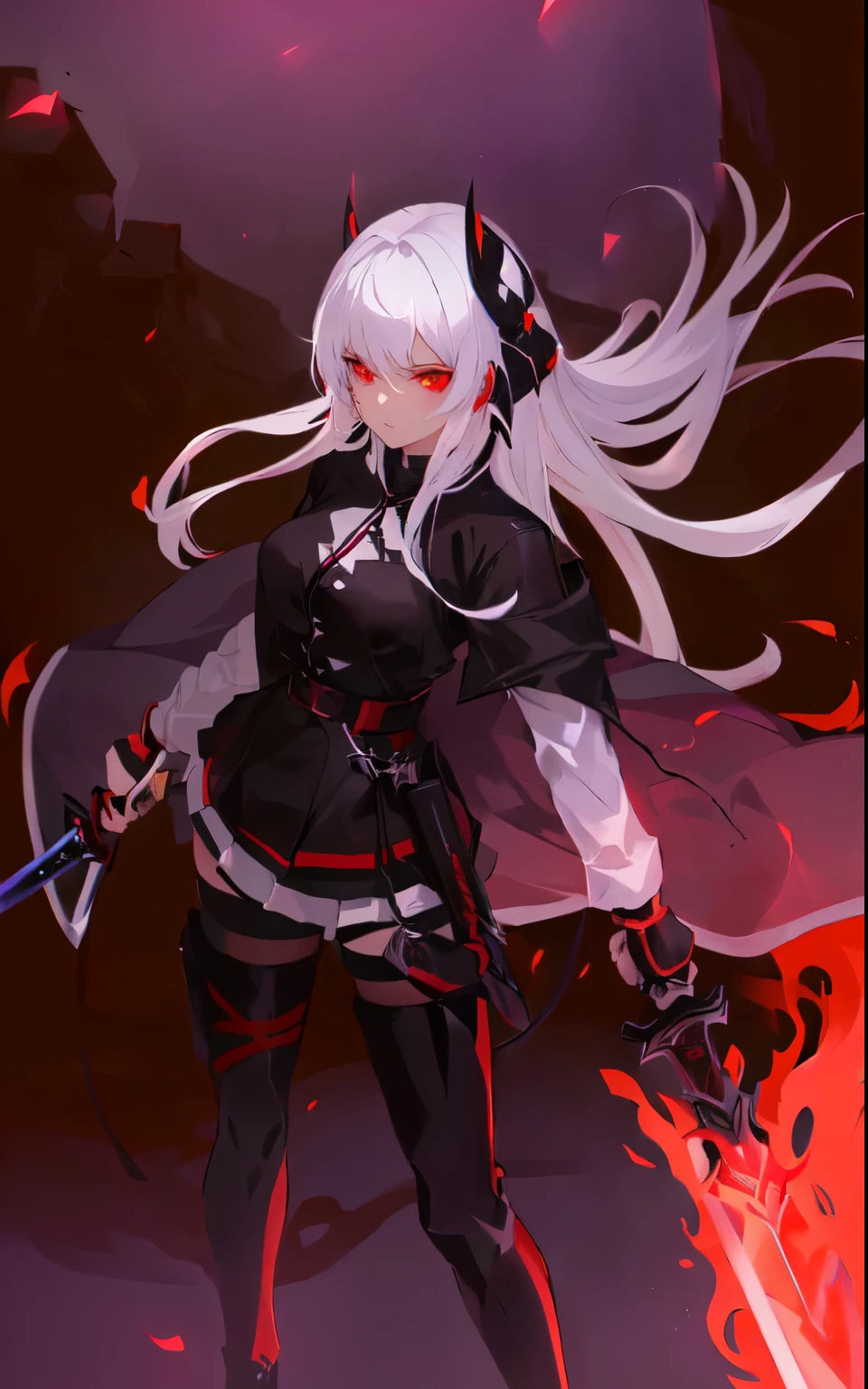 anime girl with white hair and black outfit holding a sword, demon girl, glowing red eyes, deep red flaming sword