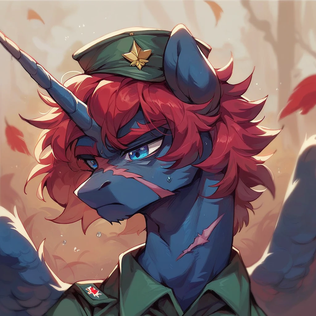 Male alicorn pony, black fur, long red hair, deep blue eyes, red feathers on wings, scar over left eye, red striping, vietnam-era army uniform, boonie hat, in a swamp, sweating, close-up portrait 