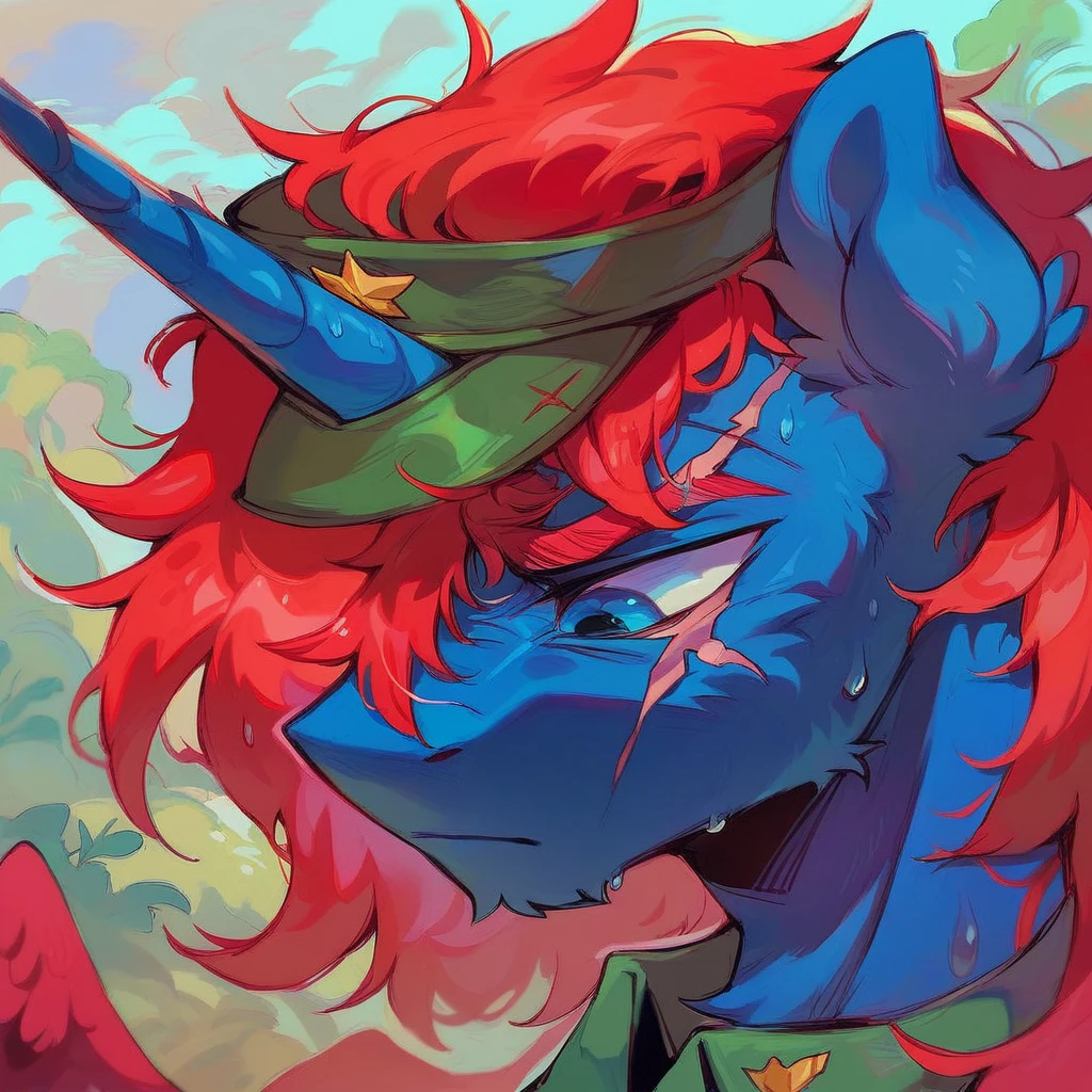 Male alicorn pony, black fur, long red hair, deep blue eyes, red feathers on wings, scar over left eye, red striping, vietnam-era army uniform, boonie hat, in a swamp, sweating, close-up portrait