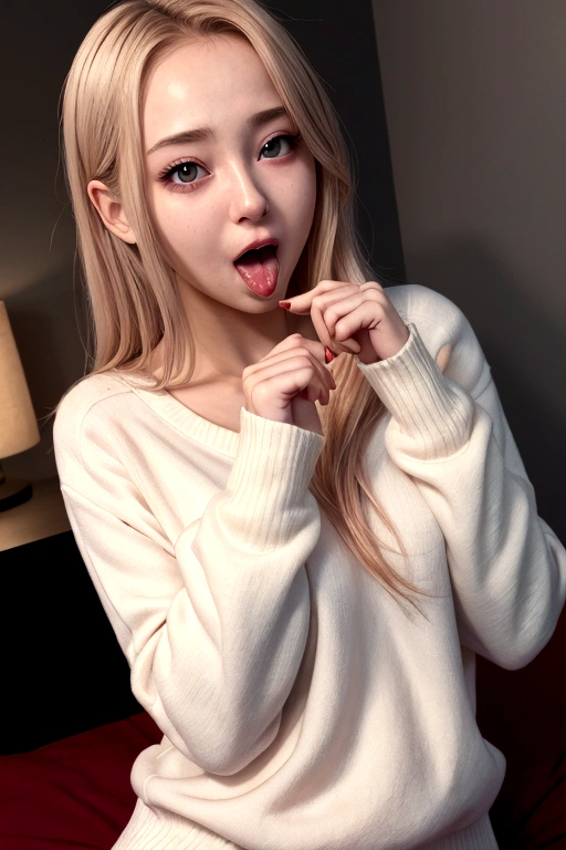 masterpiece,best qualtiy,anime,FellatioGesture,fellatio_gesture,1girl,blush,open_mouth,tongue_out,white sweater,small breast, Half-clenched fist
