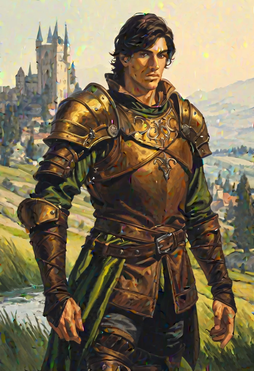 crayons, pictorial \(styled\), male rogue from the Elder Scrolls series, trunk, portraite, short dark hair, golden eye, Light green skin, brown leather armor, simple shoulder pad, black leather boots in a medieval European landscape, Dynamic shading, oil on canvas, extremely detaild, light and dark colors,