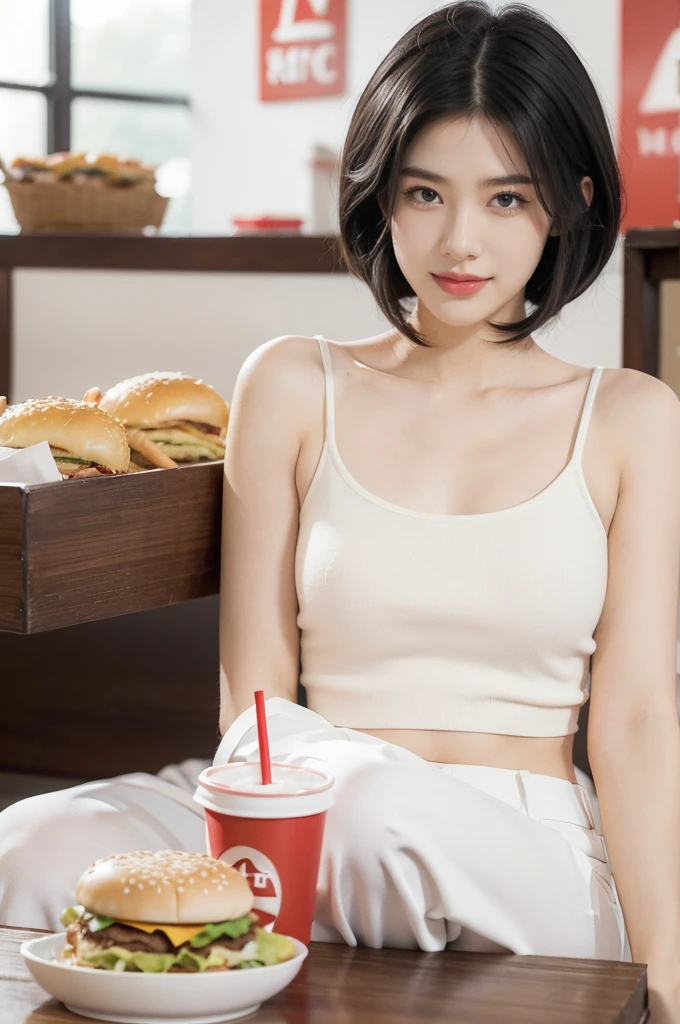 (((best quality))),(((ultra detailed))),(((masterpiece))),illustration,((1girl,solo)),(straight black bob hair:1.2),((slim,thin)),((small breasts,flat chest)),sitting,(in KFC:1.3), (burgers and drink on the table:1.2),((white strap tank top, white pants)), clean, fresh, bright face, sparkling eyes, rosy cheeks, beautiful smile, white teeth, neatly combed hair,sexiness,visible, natural, carefree,bustling restaurant, other customers, enjoying meals, chatting, bright lighting, warm atmosphere, joy, relaxation, cute appearance, carefree attitude, visually appealing, heartwarming,((upper body,from front))