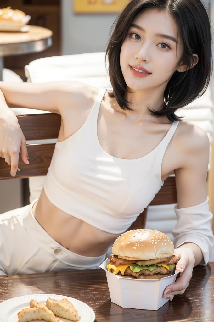 (((best quality))),(((ultra detailed))),(((masterpiece))),illustration,((1girl,solo)),(straight black bob hair:1.2),((slim,thin)),((small breasts,flat chest)),sitting,(in KFC:1.3), (burgers and drink on the table:1.2),((white strap tank top, white pants)), clean, fresh, bright face, sparkling eyes, rosy cheeks, beautiful smile, white teeth, neatly combed hair,sexiness,visible, natural, carefree,bustling restaurant, other customers, enjoying meals, chatting, bright lighting, warm atmosphere, joy, relaxation, cute appearance, carefree attitude, visually appealing, heartwarming,((upper body,from front))