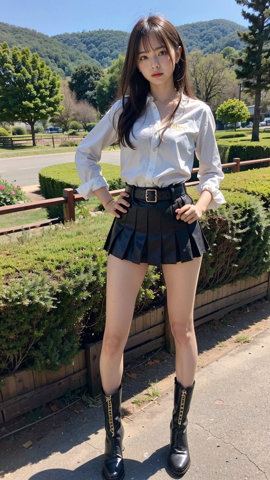 (8K、RAW Photos、Highest quality、masterpiece:1.2)、(Realistic、Realistic)、1 Girl、((Check mini skirt、black、Thin legs、whole body、boots、one piece、garden、View from the front、Looking into the camera、belt、Stand with hands on hips))、cute