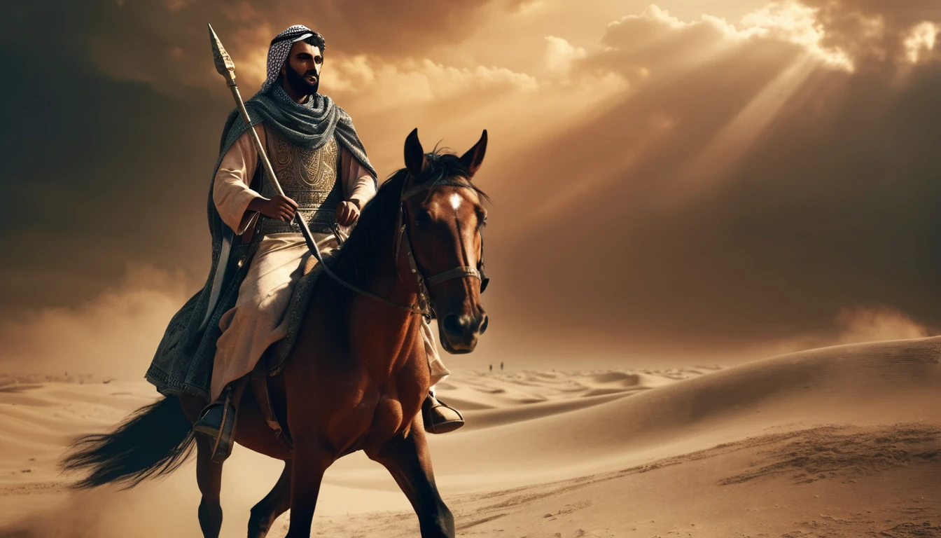 a highly detailed 3D render of an Arabian warrior, riding on a horse, holding an Islamic "Alam a flag islamic flag" in his left hand and a sword in his right hand, set in the barren land of Karbala, dramatic lighting, cinematic composition, hyper-realistic, masterpiece, 8k, HDR, intricate details, strong chiaroscuro, warm color palette, volumetric light, dramatic clouds, sand storm, moody atmosphere