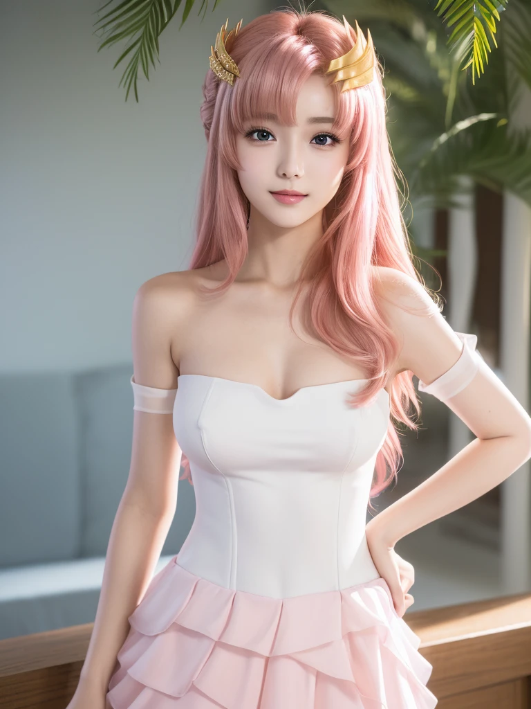 (Highest quality、4K、8K, masterpiece:1.3), Ultra detailed face, Detailed lips, Detailed eyes, double eyelid, 
BREAK, 
smile, standing, (Seductive pose:1.75), 
BREAK,1girl, 20 years old, (Generous Breasts:1.3), Plump shape:,
BREAK ,
lacus clyne, (purple eyes:1.1), hair ornament, long hair, wave hair ornament, (pink hair),
BREAK,
(Golden hair ornament), ((White Dress, Removable sleeves, Pink sleeves, Short sleeve, Sleeveless dress, Strapless, Strapless dress)),