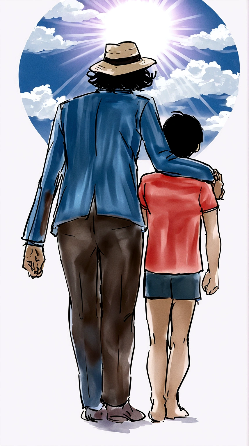 Exciting image of a tall gentleman, Scrawny, medium hair,wearing a hat backwards hugging his 27 year old son and walking towards a staircase to heaven..an image background full of clouds and sun rays, with good quality and clarity