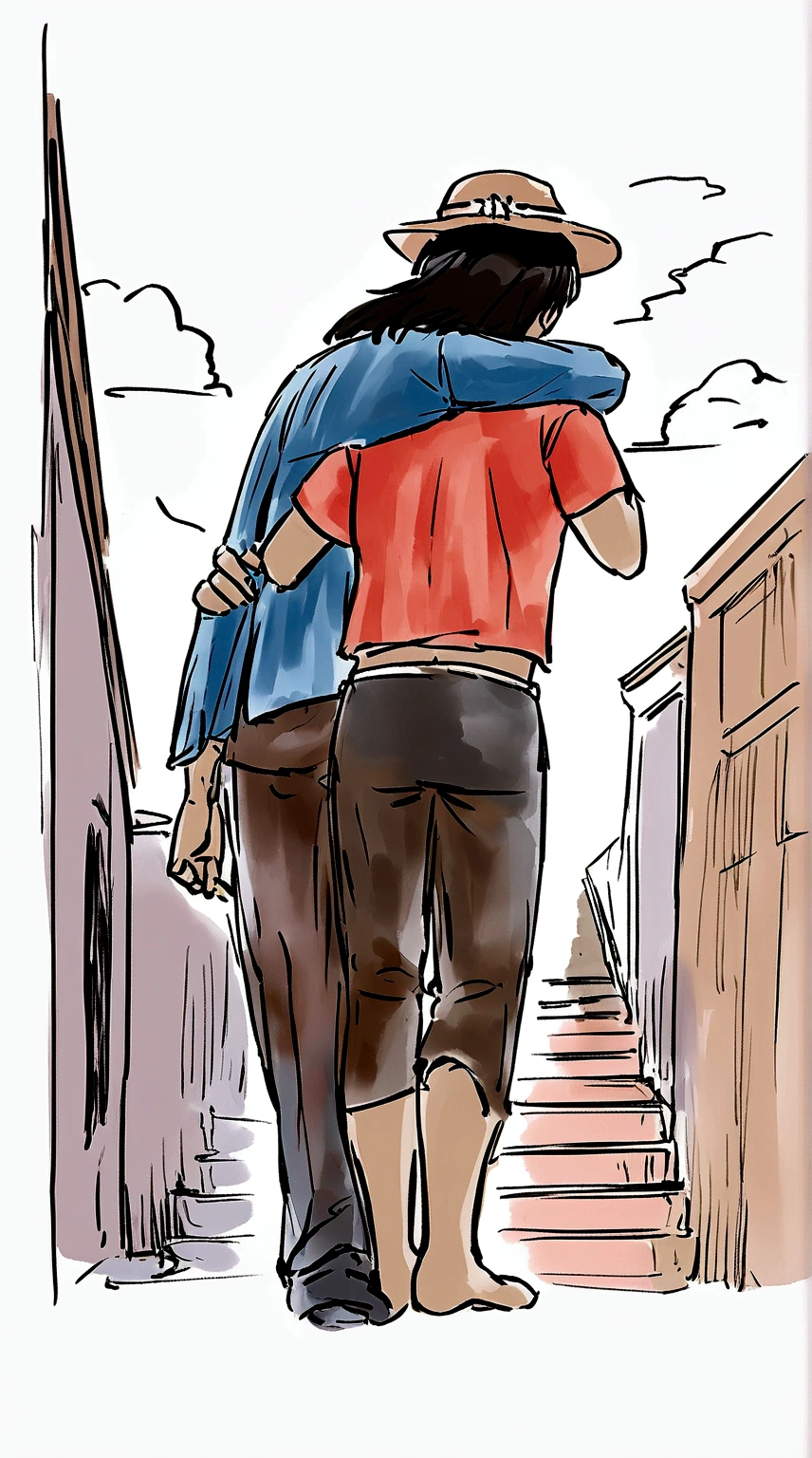 Exciting image of a tall gentleman, Scrawny, medium hair,wearing a hat backwards hugging his 27 year old son and walking towards a staircase to heaven..an image background full of clouds and sun rays, with good quality and clarity