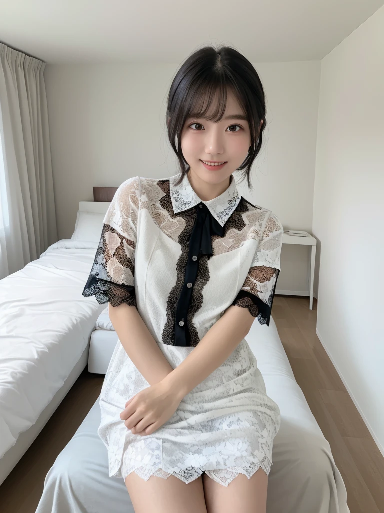 (Highest quality:1.9)、(High resolution)、Live-action image quality、((19 year old female university student、1 person))、Soft lighting by a professional photographer、Natural light、((Very spacious white luxurious room:1.6))、((Bright white room:1.6))、(Standing in front of a very luxurious white bed:1.2)、(White bookshelf background:1.1)、Natural soft light、((Black Hair Color:1.1))、Fair skin、Detailed Eyes、double eyelid、Slightly puffy cheeks、((Small Face:1.0))、((White lace short sleeve shirt、Please wear it with the chest open.:1.7))、((White checked skirt:1.2))、(Cute Smile)、((Girly pose 1.8))、((Straight medium-long hair:1.1))、((Full Body Shot:1.2))、((Height: 145cm))、Hands in front、Hold hands between legs、bangs、
