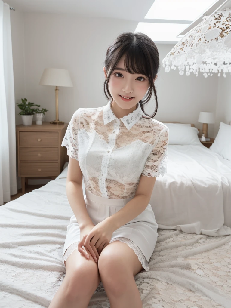 (Highest quality:1.9)、(High resolution)、Live-action image quality、((19 year old female university student、1 person))、Soft lighting by a professional photographer、Natural light、((Very spacious white luxurious room:1.6))、((Bright white room:1.6))、(Standing in front of a very luxurious white bed:1.2)、(White bookshelf background:1.1)、Natural soft light、((Black Hair Color:1.1))、Fair skin、Detailed Eyes、double eyelid、Slightly puffy cheeks、((Small Face:1.0))、((White lace short sleeve shirt、Please wear it with the chest open.:1.7))、((White checked skirt:1.2))、(Cute Smile)、((Girly pose 1.8))、((Straight medium-long hair:1.1))、((Full Body Shot:1.2))、((Height: 145cm))、Hands in front、Hold hands between legs、bangs、
