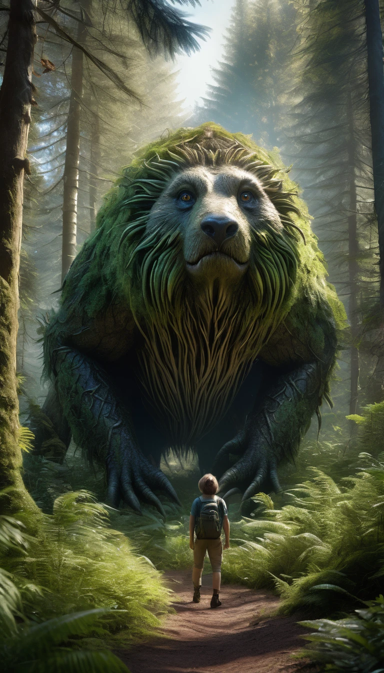 Panoramic front view,There is a creature in the forest,Human-like appearance,Full of hair(best quality,4K,8K,High level,masterpiece:1.2),Ultra Detailed,(lifelike,Photo real,Photo real:1.37),Highly detailed animals,Complex patterns,Realistic lighting,Fantasy Creatures