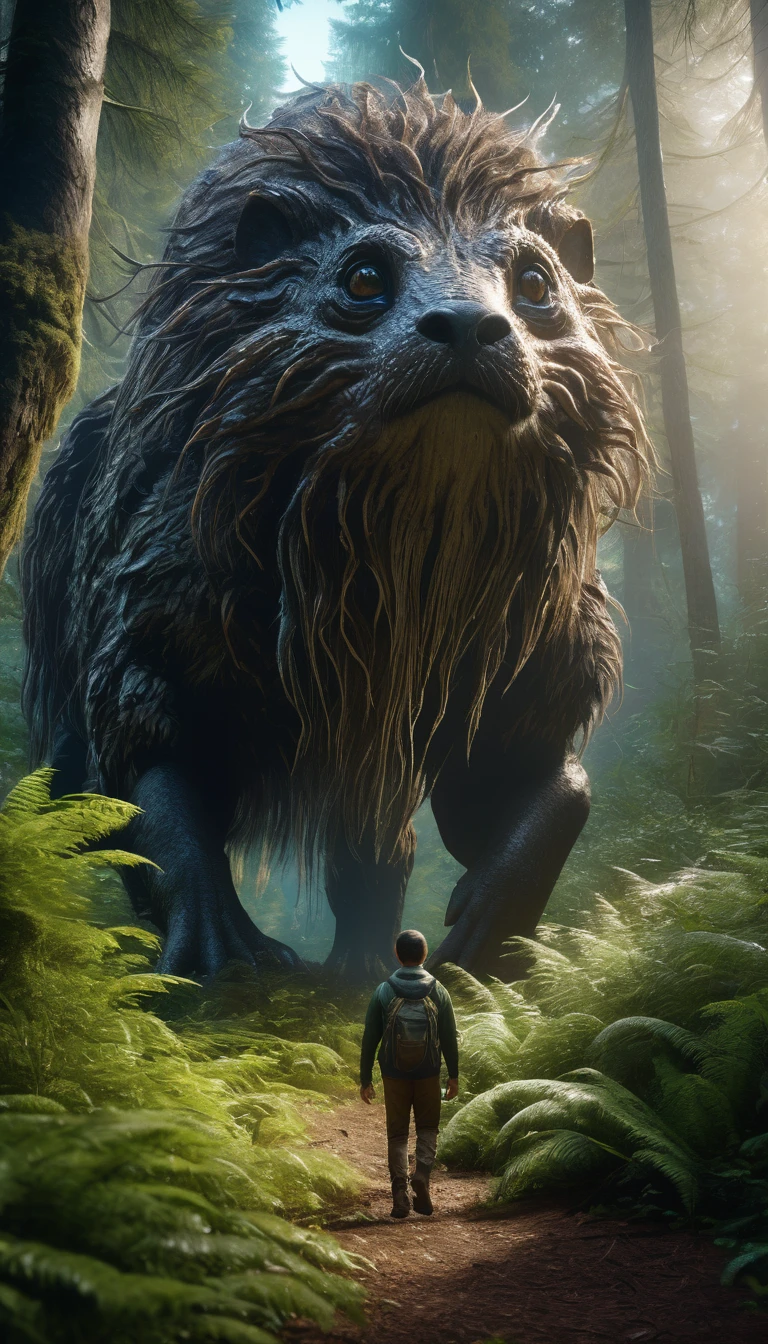 Panoramic front view,There is a creature in the forest,Human-like appearance,Full of hair(best quality,4K,8K,High level,masterpiece:1.2),Ultra Detailed,(lifelike,Photo real,Photo real:1.37),Highly detailed animals,Complex patterns,Realistic lighting,Fantasy Creatures