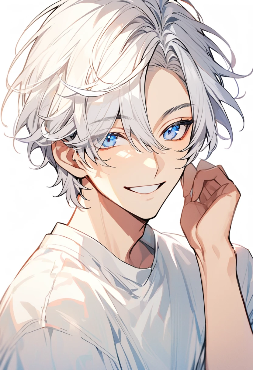 Handsome, solo, 1 male, short hair, white hair, white clothes, smile facial, ((shirt)), blue eyes